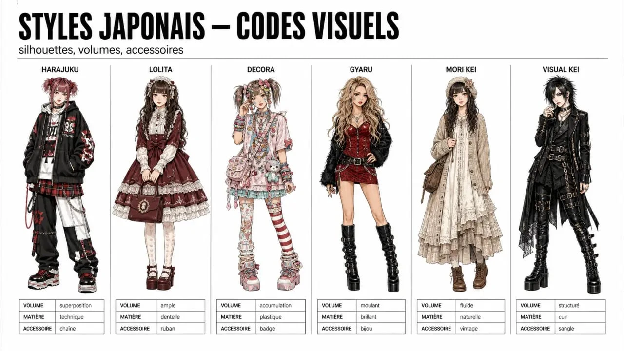 Style japonais vestimentaire : comparaison visuelle des principaux courants Harajuku, Lolita, Decora, Gyaru, Mori Kei et Visual Kei