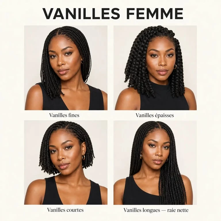 Coiffure vanille femme avec plusieurs variantes de vanilles fines, épaisses, courtes et longues