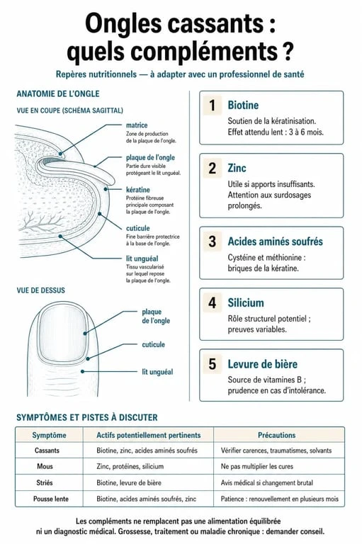 Infographie sur le complément alimentaire ongles : nutriments utiles, structure de l’ongle et symptômes associés