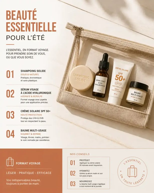 Trousse beauté idéale pour un voyage estival avec produits solaires et cosmétiques solides au format voyage