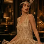 Mode année 20 femme : robe droite perles et crans, headband art déco