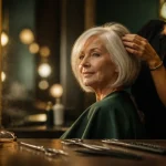 Modèle de coiffure pour femme de 75 ans : carré dégradé, lunettes, reflets lumineux