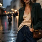 Style vestimentaire 2026 : blazer vert forêt sur robe nuisette crème
