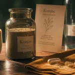 Complément alimentaire coupe faim, konjac et gélules sur table bois