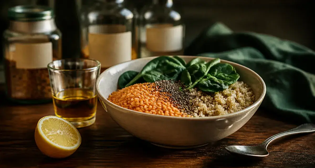 Complément alimentaire végétarien : bol de graines et nutriments à surveiller