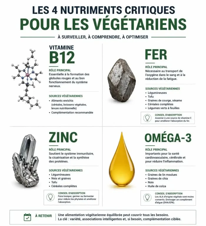 Infographie des nutriments essentiels pour un régime végétarien : Vitamine B12, Fer, Zinc et Oméga-3 dans un complément alimentaire végétarien