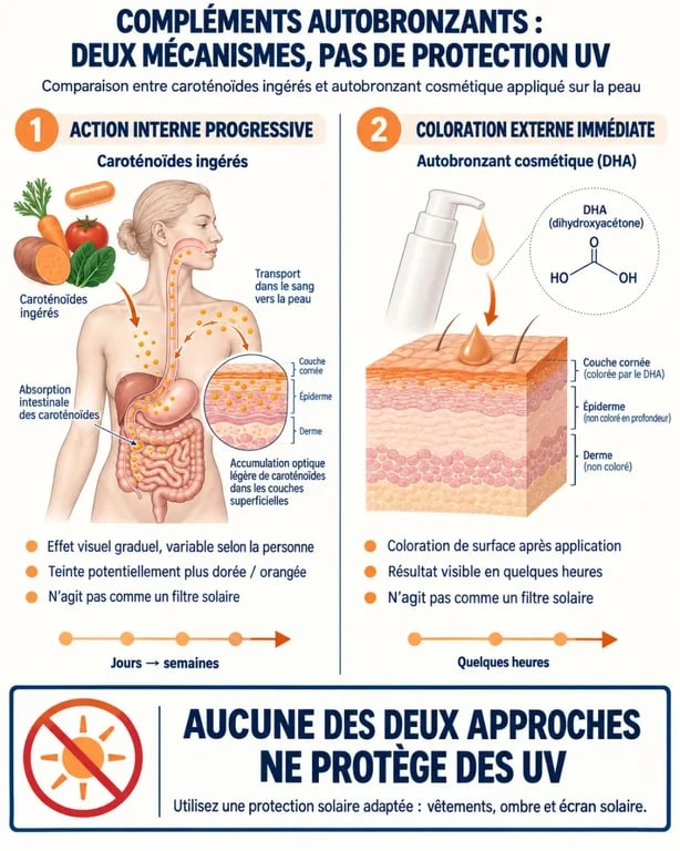 Complément alimentaire autobronzant : comparaison entre action interne progressive et autobronzant cosmétique
