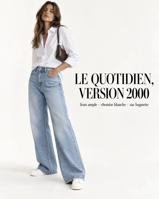 Look quotidien de mode année 2000 femme avec jean évasé, chemise blanche et sac baguette