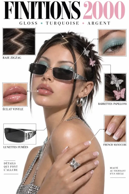 Maquillage, coiffure et accessoires de mode année 2000 femme avec gloss et barrettes papillons