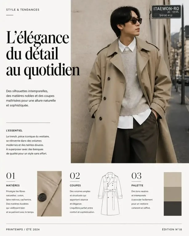 Exemple de style vestimentaire coréen avec layering et trench-coat minimaliste