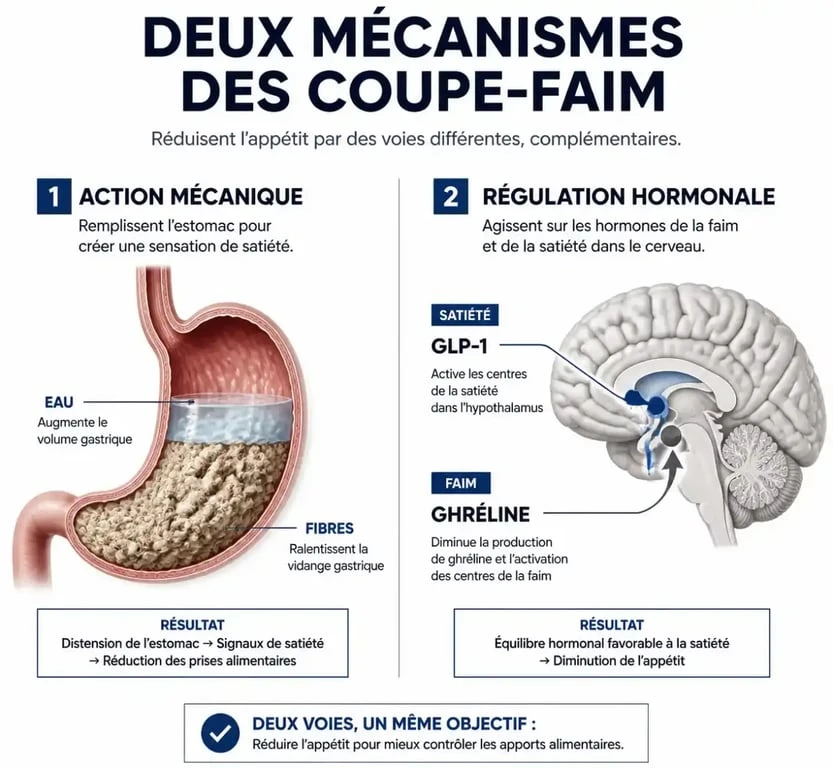 Infographie explicative des mécanismes d'action des compléments alimentaires coupe-faim naturels.