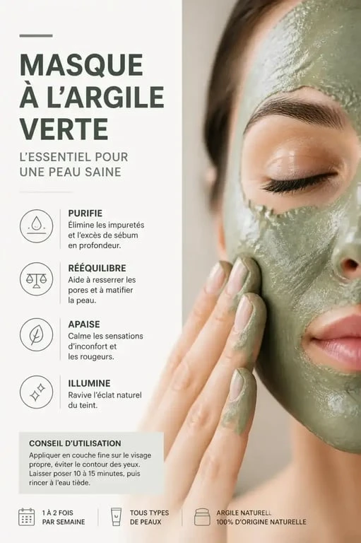 Application d'un masque d'argile verte, geste de soins naturels pour le visage