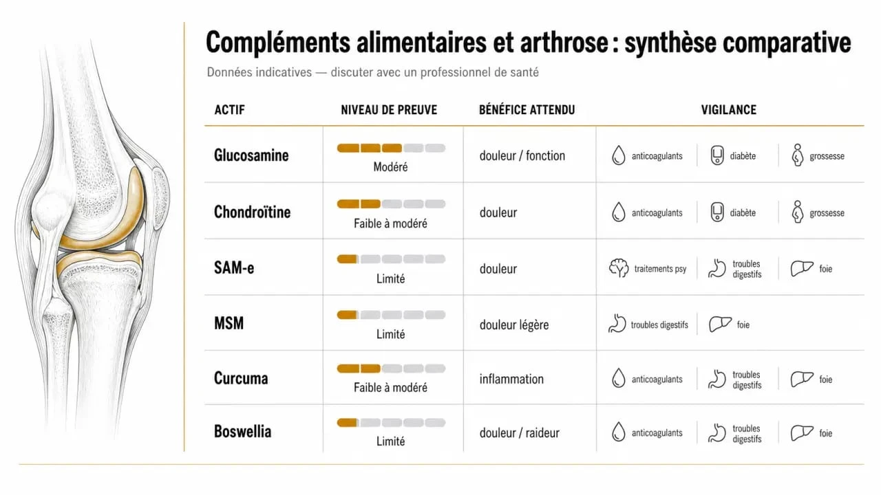 Complément alimentaire arthrose : synthèse visuelle des actifs, preuves et risques