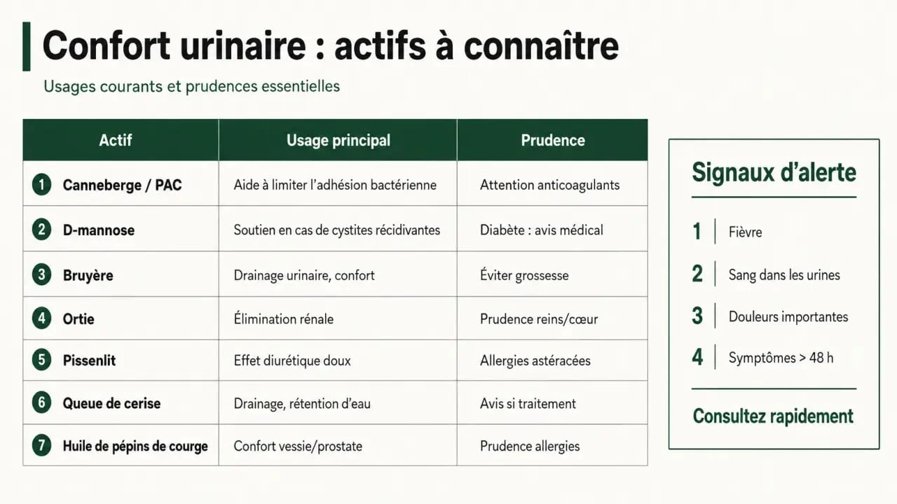 Complément alimentaire confort urinaire : comparaison des actifs canneberge, D-mannose, bruyère, ortie et plantes drainantes