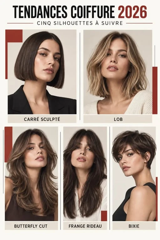 Infographie des tendances coiffure 2026 femme : carré, lob, butterfly cut, frange rideau et Bixie