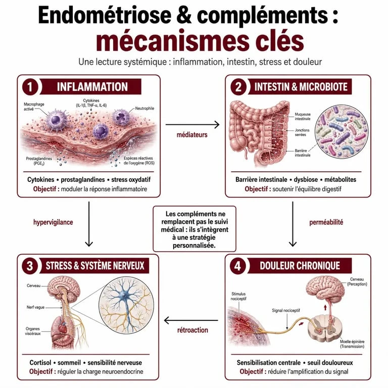 Complément alimentaire endométriose : schéma des mécanismes inflammation, intestin, stress et douleur