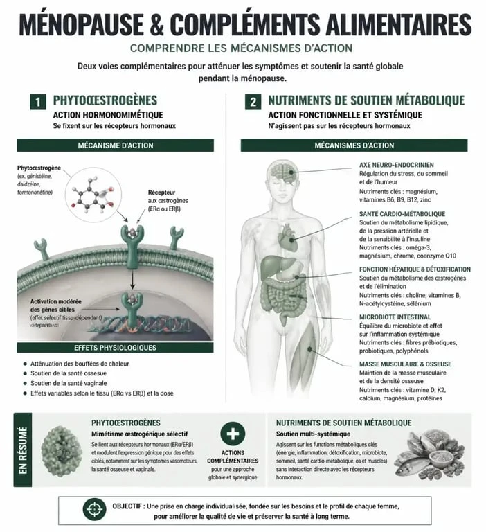 Infographie sur le fonctionnement des compléments alimentaires pour la ménopause et leurs mécanismes d'action