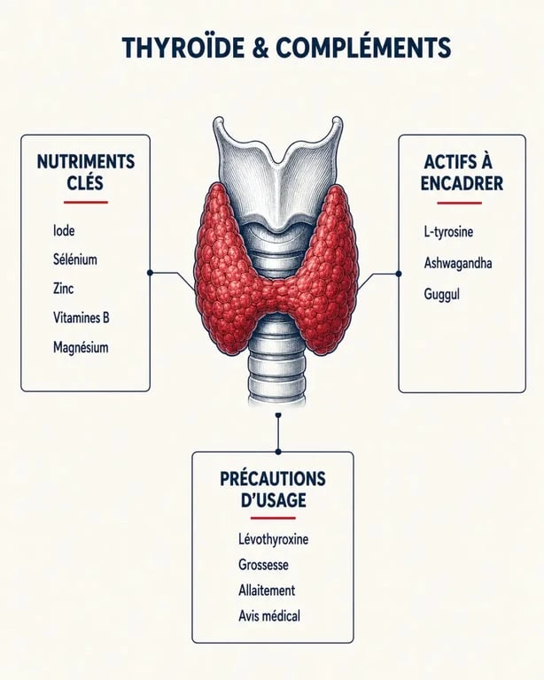 Complément alimentaire thyroïde : schéma des nutriments clés et des précautions d’usage