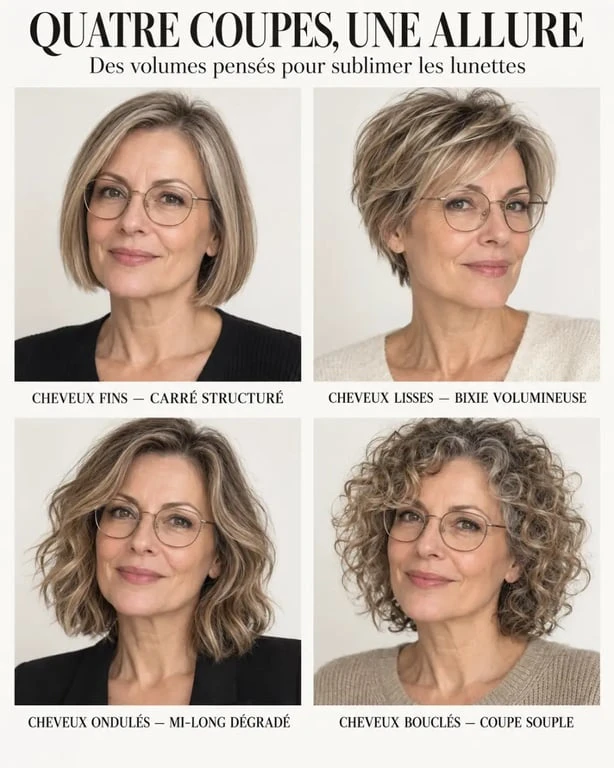 Modèle coiffure femme 50 ans avec lunettes selon la texture des cheveux