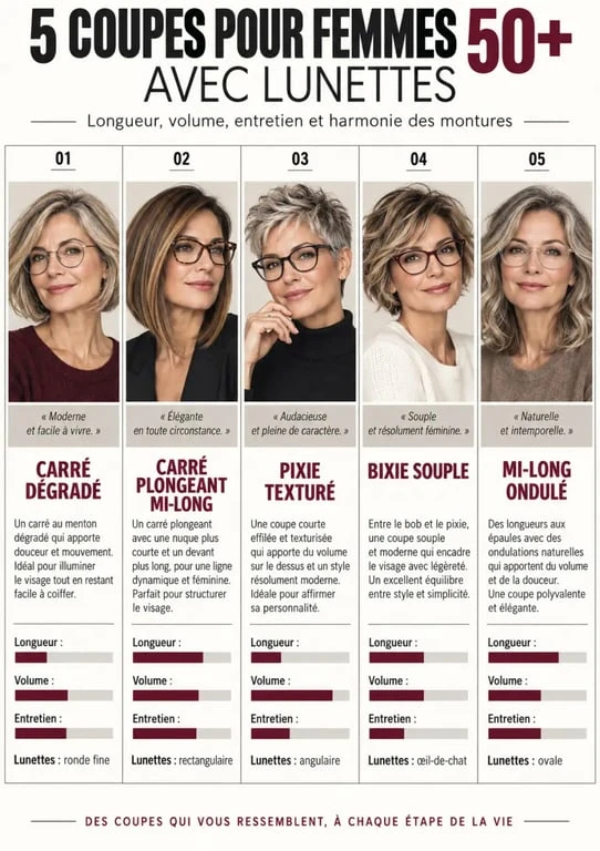 Modèle coiffure femme 50 ans avec lunettes : comparaison de cinq coupes adaptées aux montures