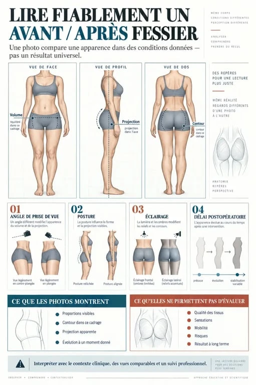 Infographie pour comprendre une transformation fessier avant/après et comparer volume, projection, angle et délai postopératoire