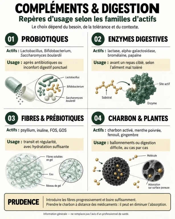 Infographie sur les familles de complément alimentaire digestion et leurs usages