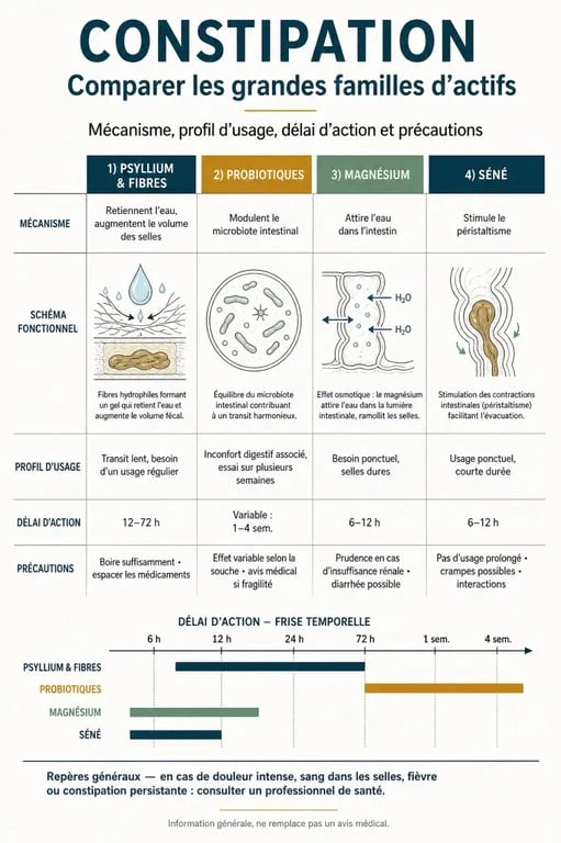 Infographie sur le complément alimentaire constipation : psyllium, probiotiques, magnésium et séné
