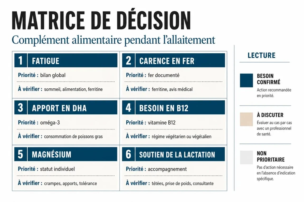 Complément alimentaire allaitement : matrice visuelle des besoins selon fatigue, fer, DHA, B12, magnésium et lactation