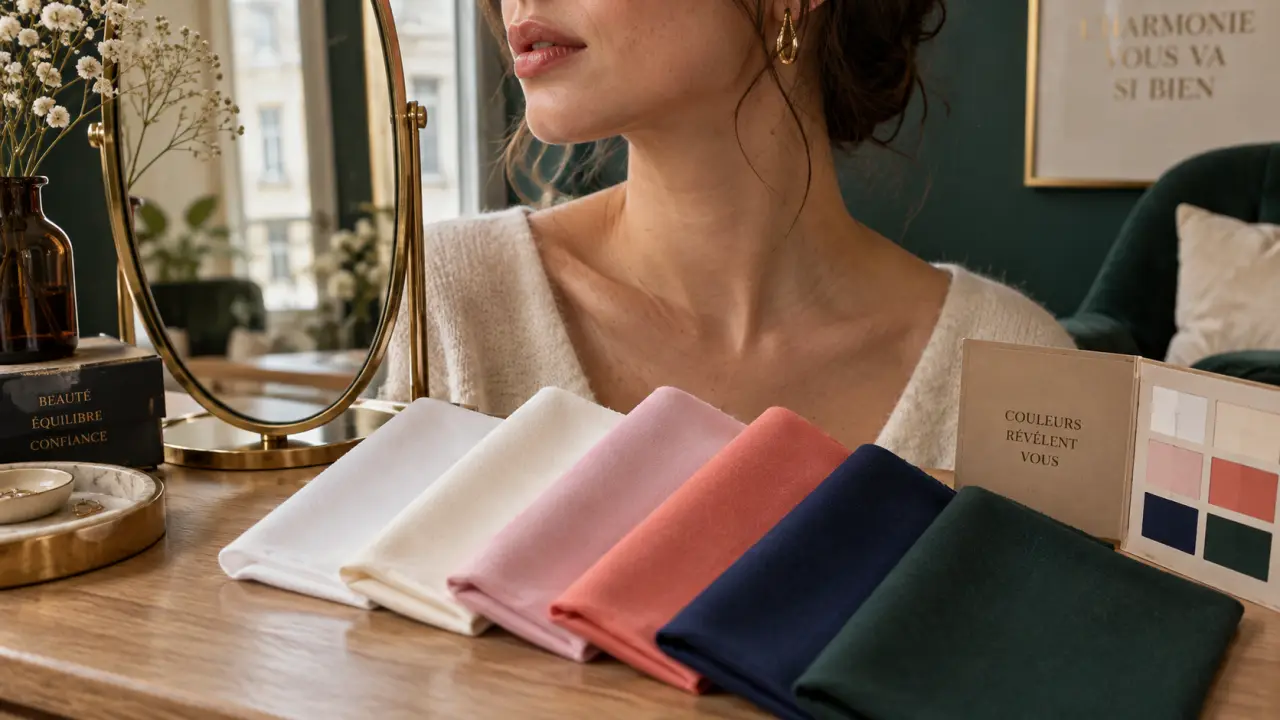 Trouver sa colorimetrie : test du blanc avec tissus ivoire, rose et corail