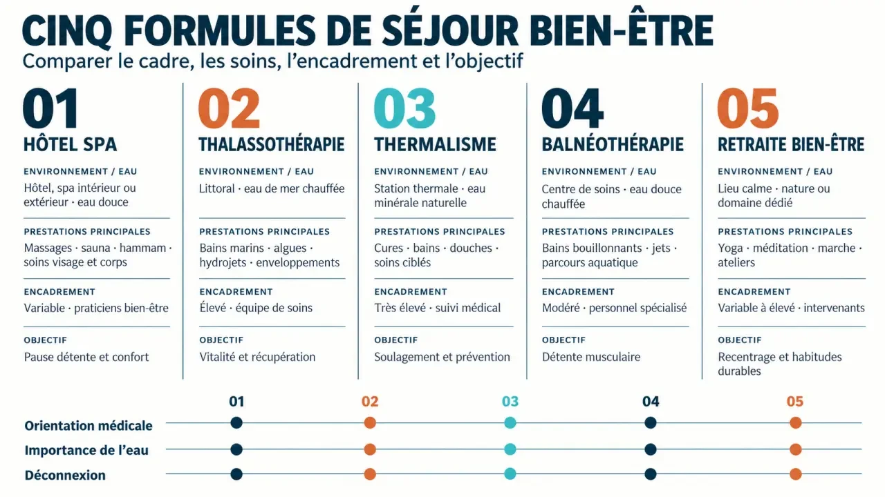 Comparatif visuel des formules de séjour bien-être : spa, thalassothérapie, thermalisme, balnéothérapie et retraite