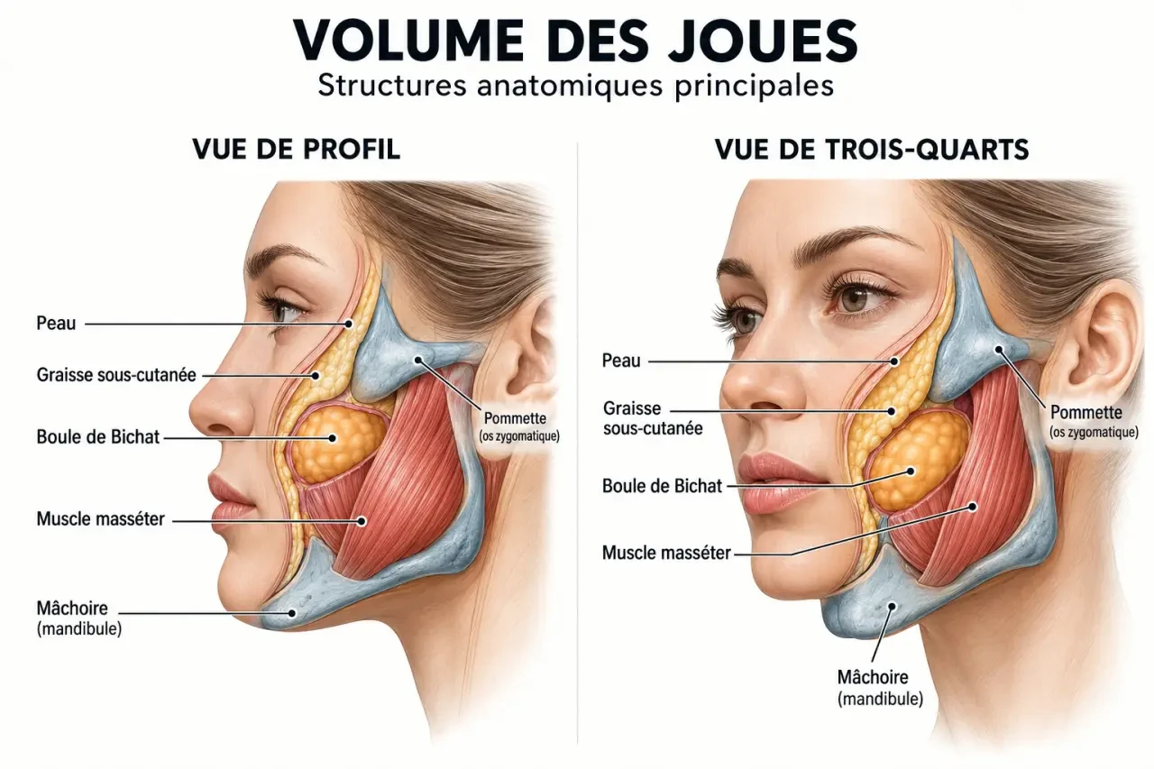 Schéma anatomique expliquant les structures responsables des grosses joues