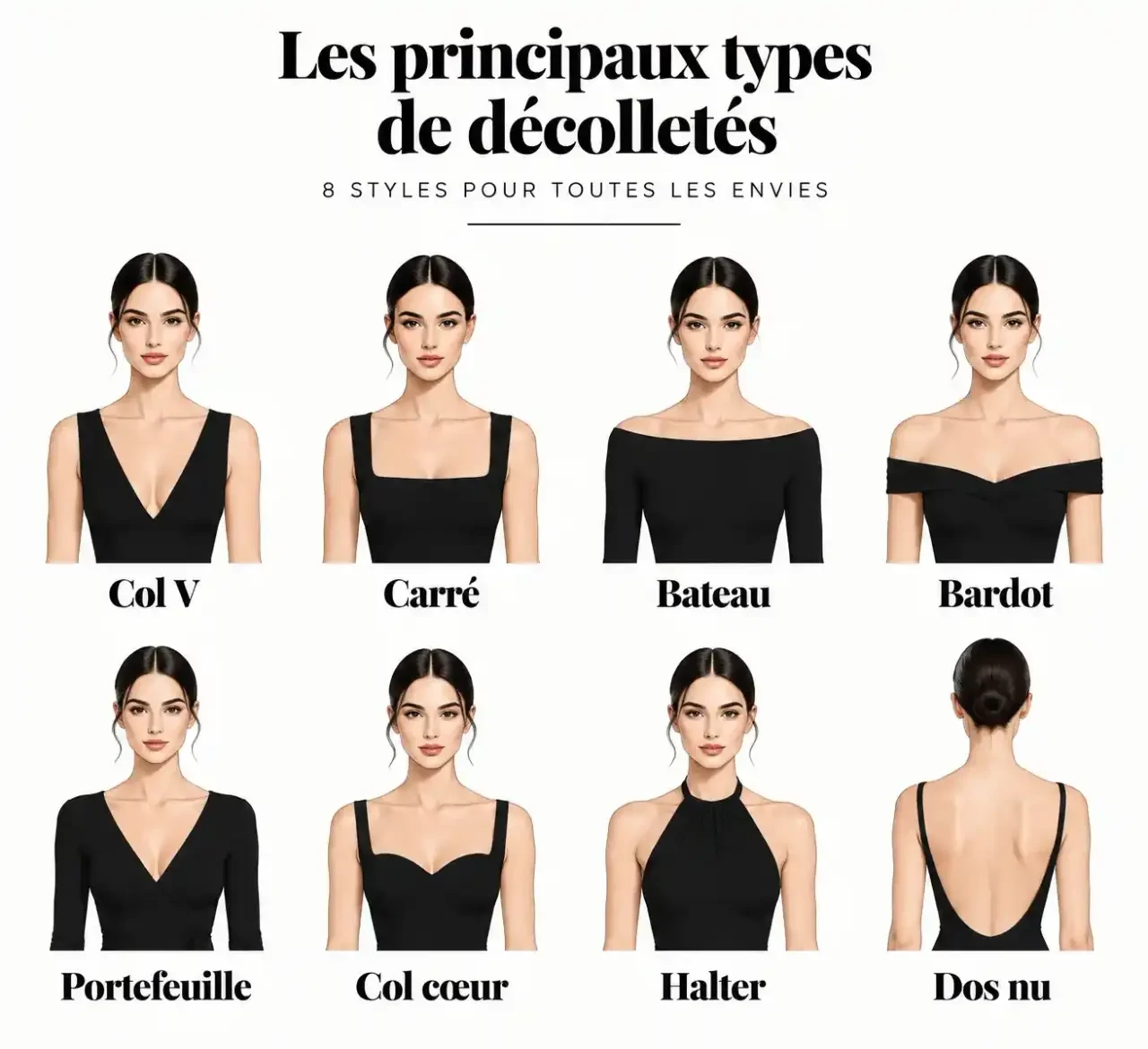 Schéma comparatif des différents types de décolleté : col V, carré, bateau, Bardot, portefeuille, cœur, halter et dos nu