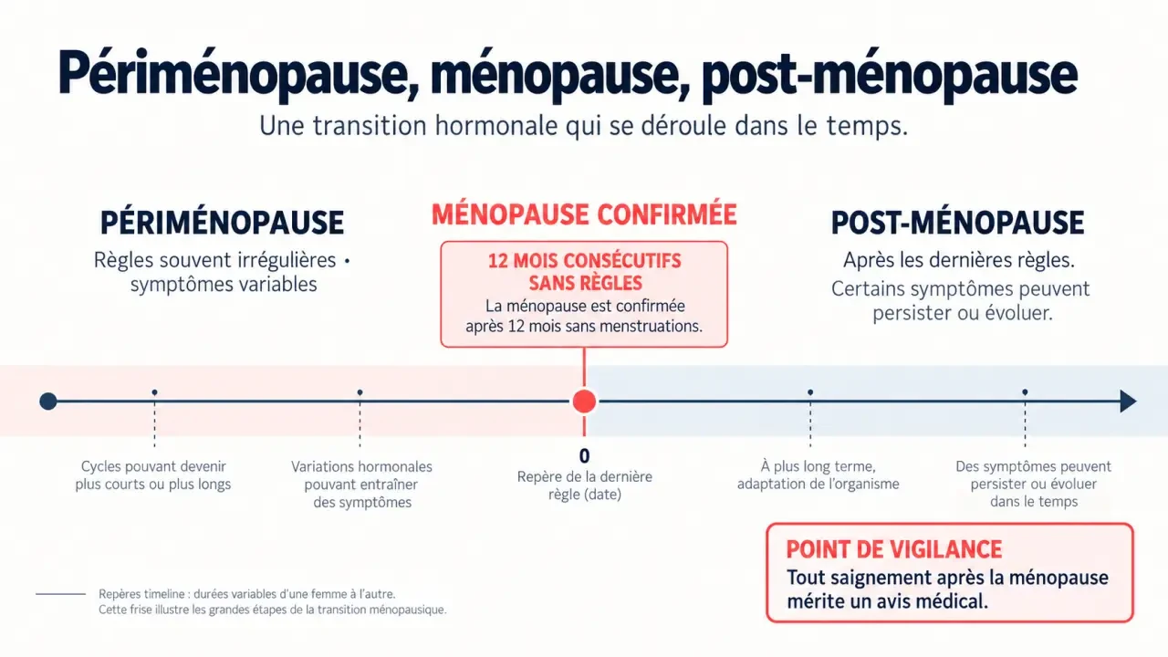 Frise visuelle sur la fin de la ménopause, les 12 mois sans règles et la post-ménopause