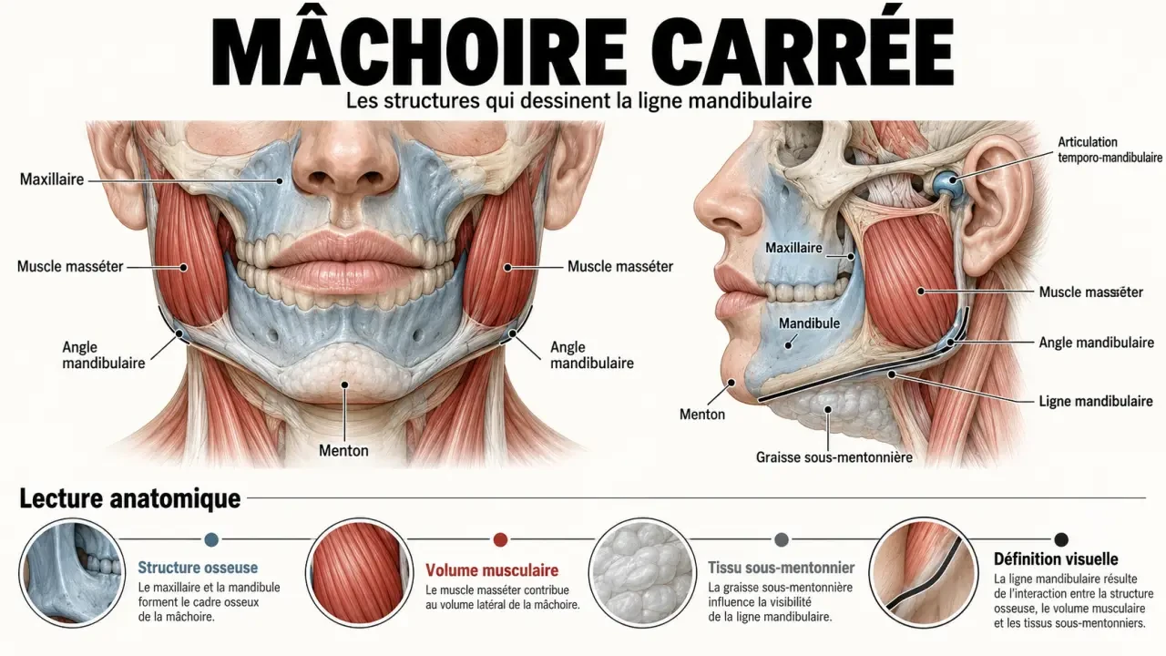 Infographie anatomique expliquant les éléments qui définissent une mâchoire carrée et une jawline nette
