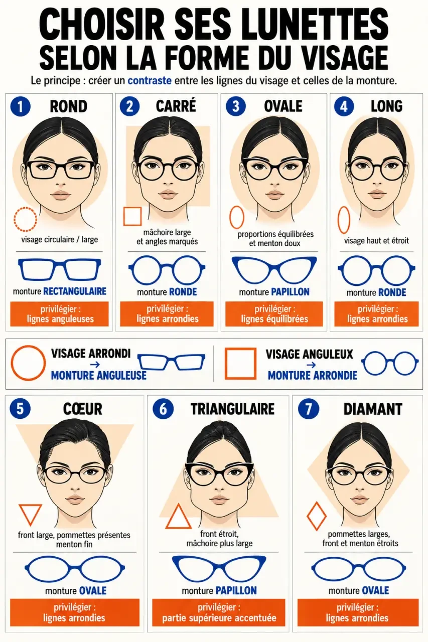 Infographie sur la morphologie visage lunettes avec sept formes de visage et montures adaptées
