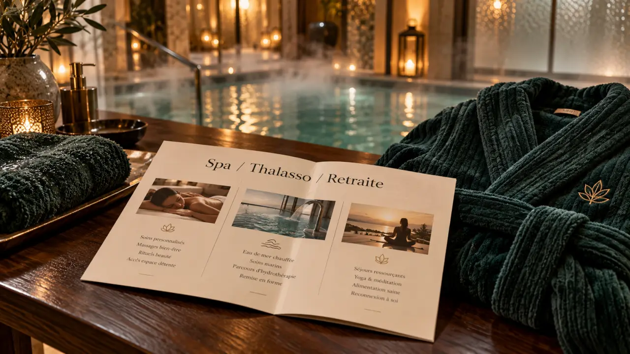 Séjour bien être tout compris : brochure spa sur table, peignoir et serviette humide