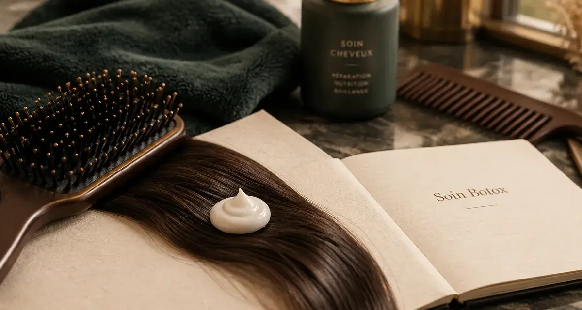 Soin botox pour cheveux : crème sur mèche brun foncé en salon de coiffure