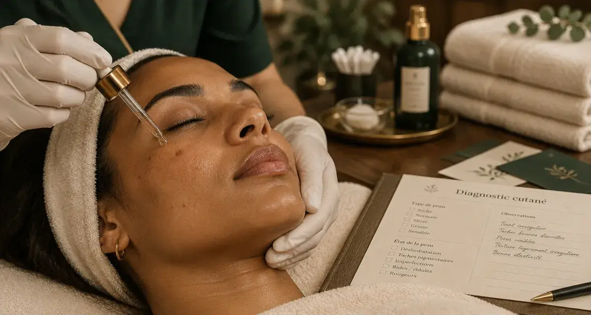 Soin du visage peau noire paris : praticienne applique un sérum, taches et éclat